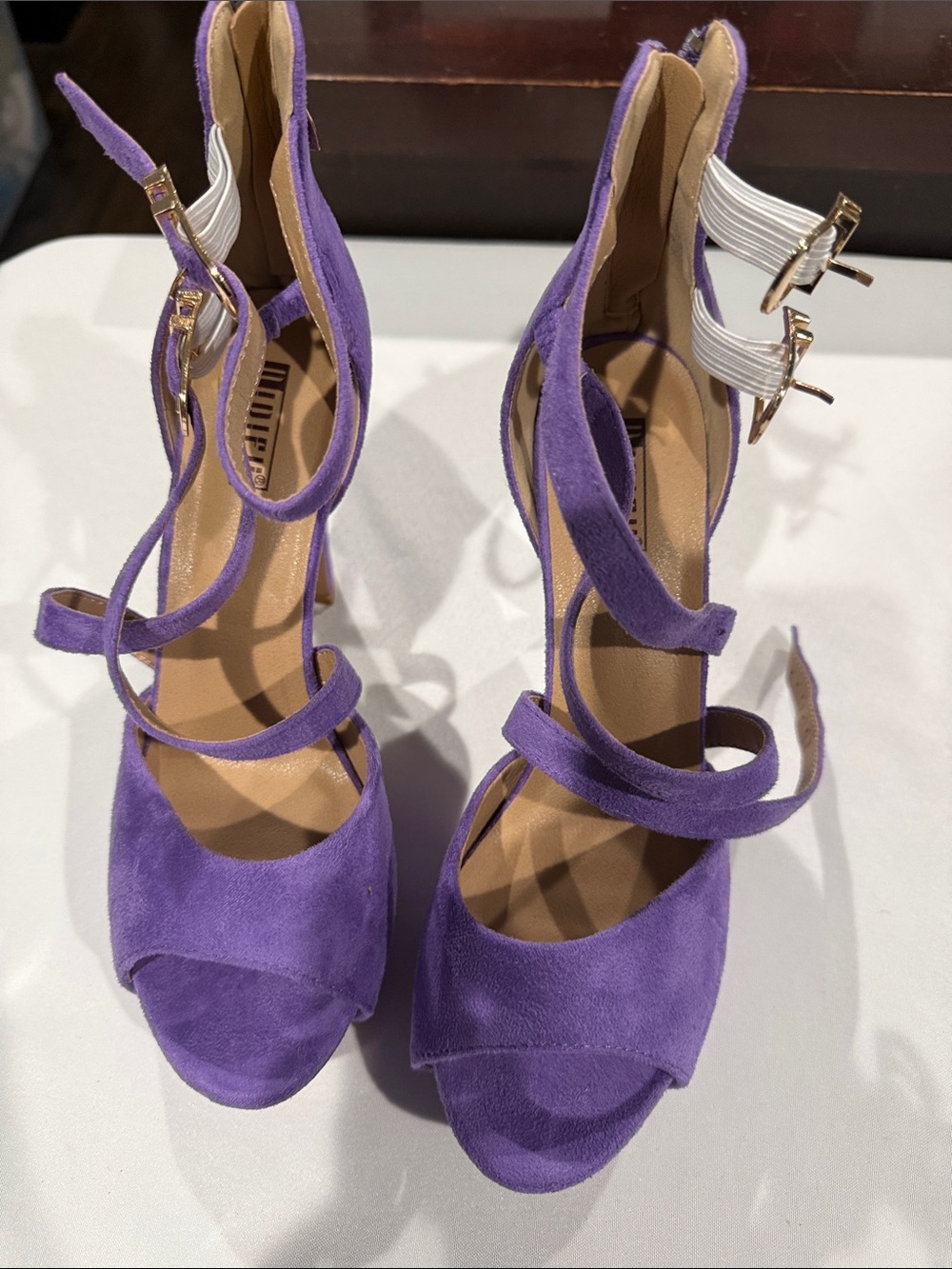 IDIFU Purple Suede Multi-Strap High Heels with Gold Buckles
